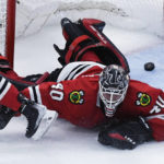 
              Chicago Blackhawks goaltender Arvid Soderblom (40) gives up a goal to Los Angeles Kings center Blake Lizotte during the second period of an NHL hockey game Thursday, Nov. 3, 2022, in Chicago. (AP Photo/Matt Marton)
            