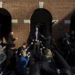 
              Surrounded by media, Albemarle Commonwealth's Attorney Jim Hingeley speaks on the steps of the Albemarle District Court in Charlottesville, Va., on Wednesday, Nov. 16, 2022, following a court appearance of Christopher Darnell Jones Jr., a University of Virginia student who is accused of killing three members of the school's football team and wounding two other students late Sunday, Nov. 13. (Mike Kropf/The Daily Progress via AP)
            