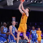 
              In a photo provided by Bahamas Visual Services, Southern California's Drew Peterson shoots against BYU during an NCAA college basketball game in the Battle 4 Atlantis at Paradise Island, Bahamas, Wednesday, Nov. 23, 2022. (Tim Aylen/Bahamas Visual Services via AP)
            