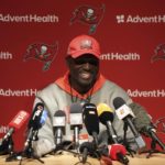 
              Tampa Bay Buccaneers head coach Todd Bowles attends a news conference after a practice session in Munich, Germany, Friday, Nov. 11, 2022. The Tampa Bay Buccaneers are set to play the Seattle Seahawks in an NFL game at the Allianz Arena in Munich on Sunday. (AP Photo/Matthias Schrader)
            
