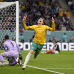 
              Australia's Craig Goodwin celebrates after scoring the opening goal during the World Cup group D soccer match between France and Australia, at the Al Janoub Stadium in Al Wakrah, Qatar, Tuesday, Nov. 22, 2022. (AP Photo/Thanassis Stavrakis)
            