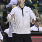 
              Baylor head coach Scott Drew reacts to a foul call in the first half of an NCAA college basketball game against Norfolk State, Friday, Nov. 11, 2022, in Waco, Texas. (AP Photo/Jerry Larson)
            