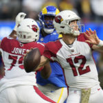 
              Arizona Cardinals quarterback Colt McCoy throws against the Los Angeles Rams during the first half of an NFL football game Sunday, Nov. 13, 2022, in Inglewood, Calif. (AP Photo/Jae C. Hong)
            