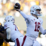 
              Stanford quarterback Tanner McKee (18) throws a pass against California during the first half of an NCAA college football game in Berkeley, Calif., Saturday, Nov. 19, 2022. (AP Photo/Godofredo A. Vásquez)
            