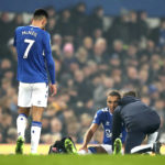 
              Everton's Dominic Calvert-Lewin receives treatment after being substituted, during the English Premier League soccer match between Everton and Leicester City at Goodison Park, in Liverpool, England, Saturday, Nov. 5, 2022. (Isaac Parkin/PA via AP)
            