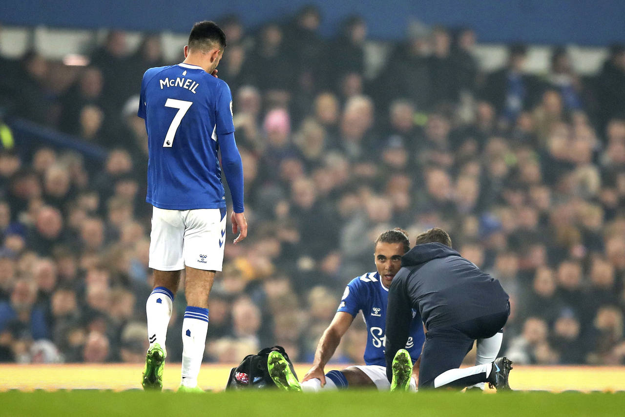 Everton's Dominic Calvert-Lewin receives treatment after being substituted, during the English Prem...