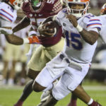 
              Florida quarterback Anthony Richardson (15) runs out of the pocket in the first quarter of an NCAA college football game against Florida State, Friday, Nov. 25, 2022, in Tallahassee, Fla. (AP Photo/Phil Sears)
            
