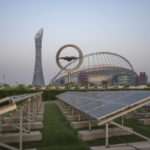 
              Solar panels sit in front of Khalifa International Stadium, also known as Qatar's National and oldest Stadium, which will host matches during FIFA World Cup 2022, in Doha, Qatar, Saturday, Oct. 15, 2022. Organizers of the 2022 World Cup in Qatar have said the event will be soccer’s first “carbon neutral” event of its kind. FIFA and Qatari organizers say they will reduce and offset all the event's carbon emissions, which will be calculated once the games are over. (AP Photo/Nariman El-Mofty)
            