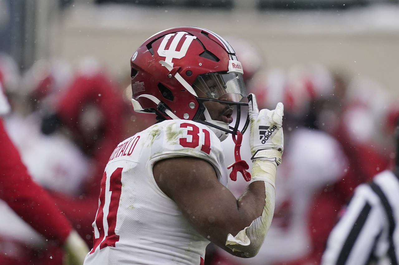 Indiana defensive back Bryant Fitzgerald reacts after a play during the second half of an NCAA coll...