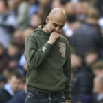 
              Manchester City's head coach Pep Guardiola gestures at the end of the English Premier League soccer match between Manchester City and Brentford, at the Etihad stadium in Manchester, England, Saturday, Nov.12, 2022. Brentford won 2-1.(AP Photo/Dave Thompson)
            