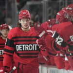 
              Detroit Red Wings defenseman Moritz Seider (53) celebrates his goal against the Toronto Maple Leafs in the first period of an NHL hockey game Monday, Nov. 28, 2022, in Detroit. (AP Photo/Paul Sancya)
            