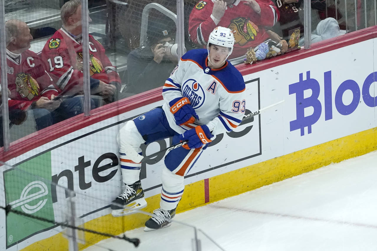 Edmonton Oilers' Ryan Nugent-Hopkins celebrates his goal during the second period of an NHL hockey ...