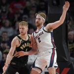 
              Purdue forward Caleb Furst (1) guards Gonzaga forward Drew Timme (2) during the first half of an NCAA college basketball game in the Phil Knight Legacy tournament Friday, Nov. 25, 2022, in Portland, Ore. (AP Photo/Rick Bowmer)
            