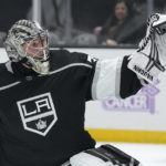 
              Los Angeles Kings goaltender Jonathan Quick makes a glove safe during the first period of an NHL hockey game against the Florida Panthers Saturday, Nov. 5, 2022, in Los Angeles. (AP Photo/Mark J. Terrill)
            