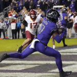 
              TCU wide receiver Jordan Hudson (7) catches a touchdown pass during the second half of an NCAA college football game against Iowa State in Fort Worth, Texas, Saturday, Nov. 26, 2022. TCU won 62-14. (AP Photo/LM Otero)
            