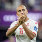 
              Tunisia's Wahbi Khazri applauds at the end of the match during the World Cup group D soccer match between Tunisia and France at the Education City Stadium in Al Rayyan, Qatar, Wednesday, Nov. 30, 2022. (AP Photo/Alessandra Tarantino)
            
