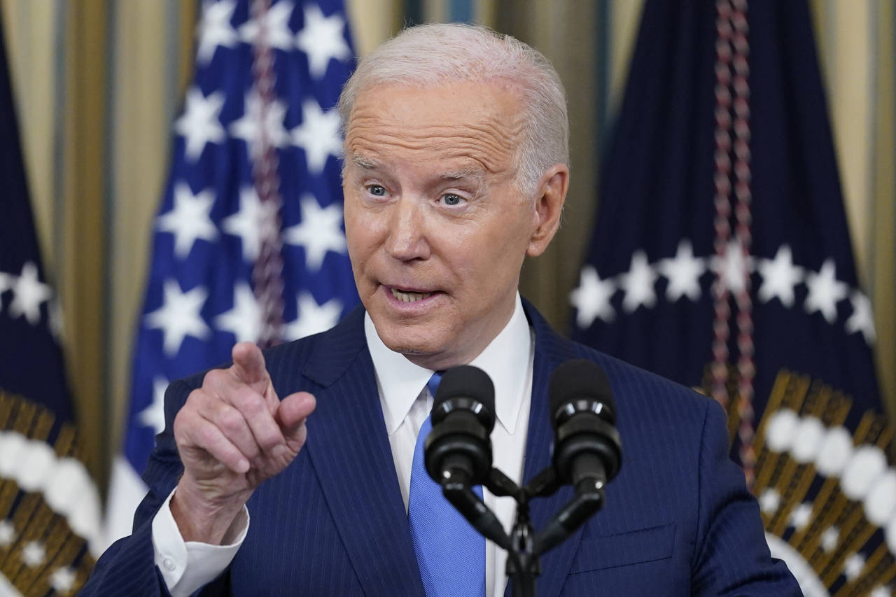 President Joe Biden speaks in the State Dining Room of the White House in Washington, Wednesday, No...