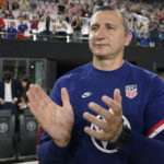 
              U.S.head coach Vlatko Andonovski applauds before an international friendly soccer match against Germany, Thursday, Nov. 10, 2022, in Fort Lauderdale, Fla. (AP Photo/Lynne Sladky)
            