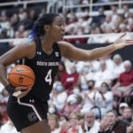 
              South Carolina forward Aliyah Boston reacts after being called for a foul during the first half of an NCAA college basketball game against Stanford in Stanford, Calif., Sunday, Nov. 20, 2022. (AP Photo/Godofredo A. Vásquez)
            