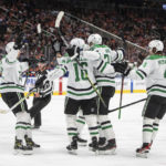 
              Dallas Stars players celebrate a goal against the Edmonton Oilers during first-period NHL hockey game action in Edmonton, Alberta, Saturday, Nov. 5, 2022. (Jason Franson/The Canadian Press via AP)
            