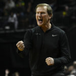 
              Oregon head coach Dana Altman yells instruction to his team as they play against Houston during the first half of an NCAA college basketball game Sunday, Nov. 20, 2022, in Eugene, Ore. (AP Photo/Andy Nelson)
            