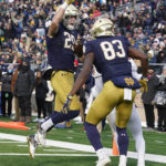 
              Notre Dame's Matt Salerno reacts after scoring a touchdown during the first half of an NCAA college football game against Boston College, Saturday, Nov. 19, 2022, in South Bend, Ind. (AP Photo/Darron Cummings)
            
