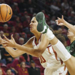 
              Iowa State's Stephanie Soares (10) rebounds the ball in front of Cleveland State's Faith Burch, right, during the first half of an NCAA women's college basketball game at Jack Trice Stadium in Ames, Iowa, Monday, Nov. 7, 2022. (Nirmalendu Majumdar/Ames Tribune via AP)
            