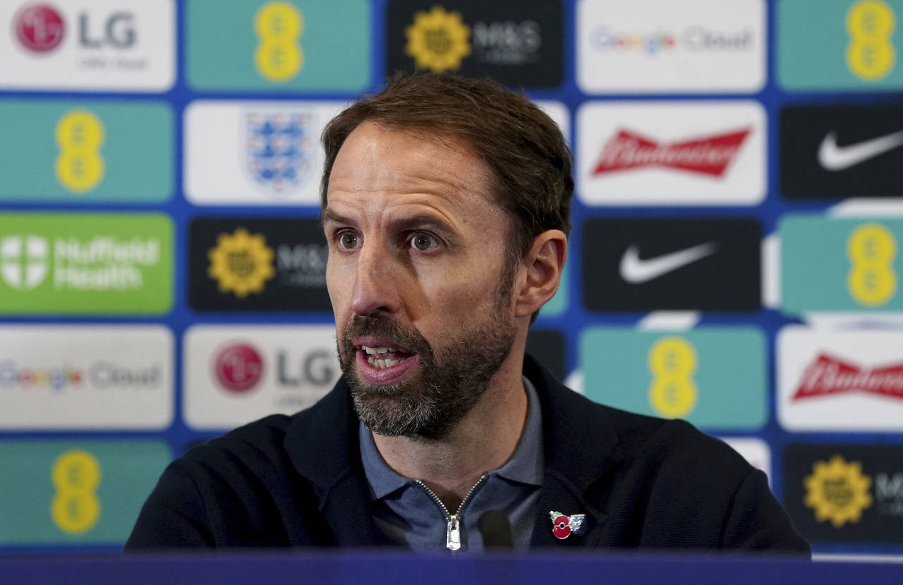 England's manager Gareth Southgate speaks during England's World Cup 2022 squad announcement at St ...