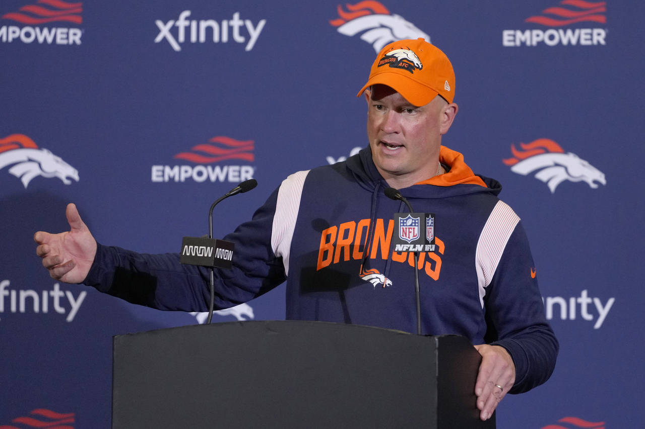 Denver Broncos head coach Nathaniel Hackett speaks during a press conference after the NFL football...