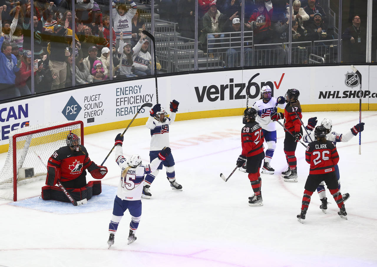 The United States celebrates after a goal by forward Hilary Knight, far right, during the third per...