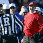 
              Kansas head coach Lance Leipold, right, reacts to a roughing the passer penalty called on Texas during the second quarter of an NCAA college football game, Saturday, Nov. 19, 2022, in Lawrence, Kan. (AP Photo/Colin E. Braley)
            