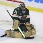
              Minnesota Wild goaltender Marc-Andre Fleury (29) stops the puck during the second period of an NHL hockey game against the Arizona Coyotes, Sunday, Nov. 27, 2022, in St. Paul, Minn. (AP Photo/Stacy Bengs)
            