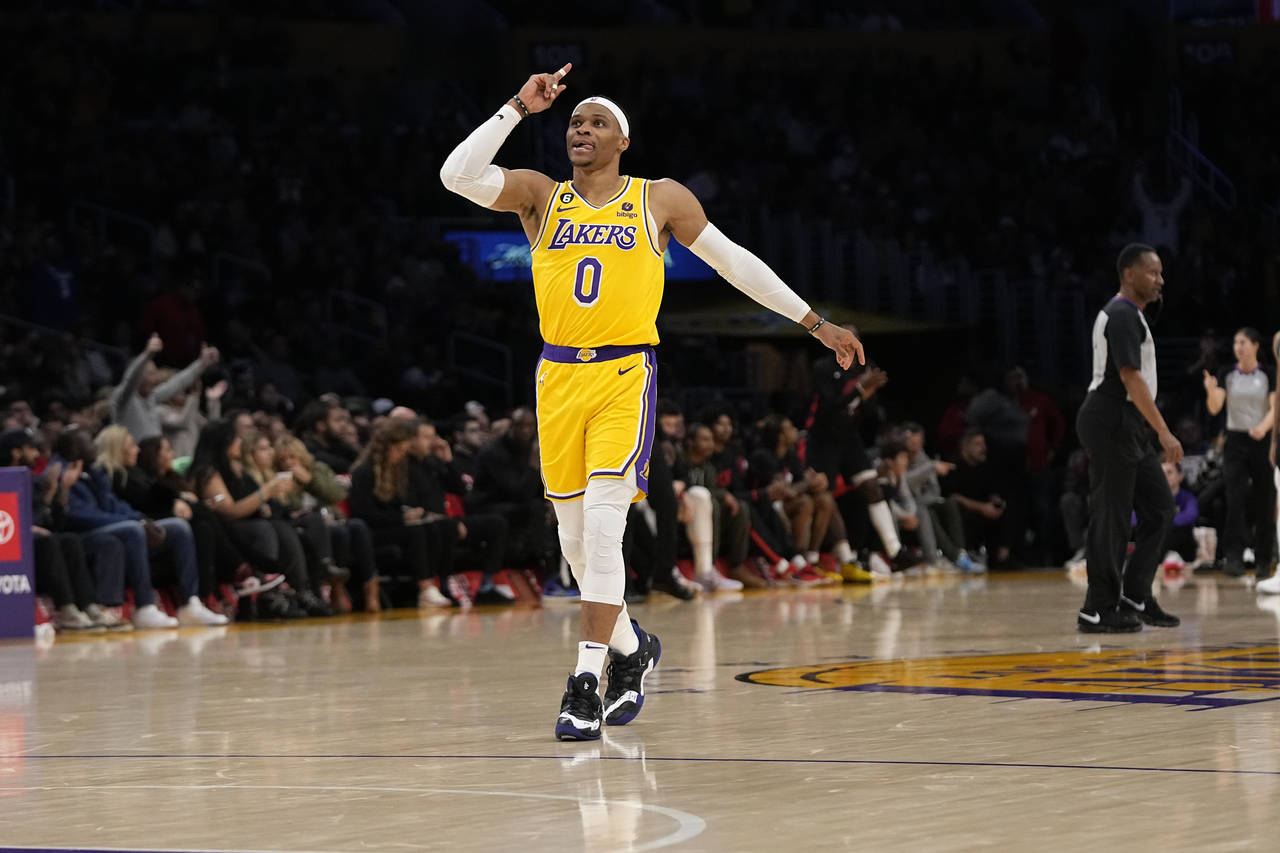 Los Angeles Lakers guard Russell Westbrook celebrates celebrates after the Lakers scored during the...