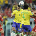 
              Brazil's Thiago Silva, centre, heads the ball during the World Cup group G soccer match between Brazil and Switzerland at the Stadium 974 in Doha, Qatar, Monday, Nov. 28, 2022. (AP Photo/Hassan Ammar)
            