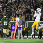 
              Wyoming cornerback Deron Harrell (5) intercepts a pass in end zone next to Colorado State wide receiver Justus Ross-Simmons (85) during the second quarter of an NCAA college football game Saturday, Nov. 12, 2022, in Fort Collins, Colo. (Andy Cross/The Denver Post via AP)
            