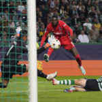 
              Frankfurt's Randal Kolo Muani scores his side's second goal during a Champions League group D soccer match between Sporting CP and Frankfurt at the Alvalade stadium in Lisbon, Tuesday, Nov. 1, 2022. (AP Photo/Armando Franca)
            