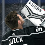 
              Los Angeles Kings goaltender Jonathan Quick sprays his face with water prior to an NHL hockey game against the Seattle Kraken Tuesday, Nov. 29, 2022, in Los Angeles. (AP Photo/Mark J. Terrill)
            
