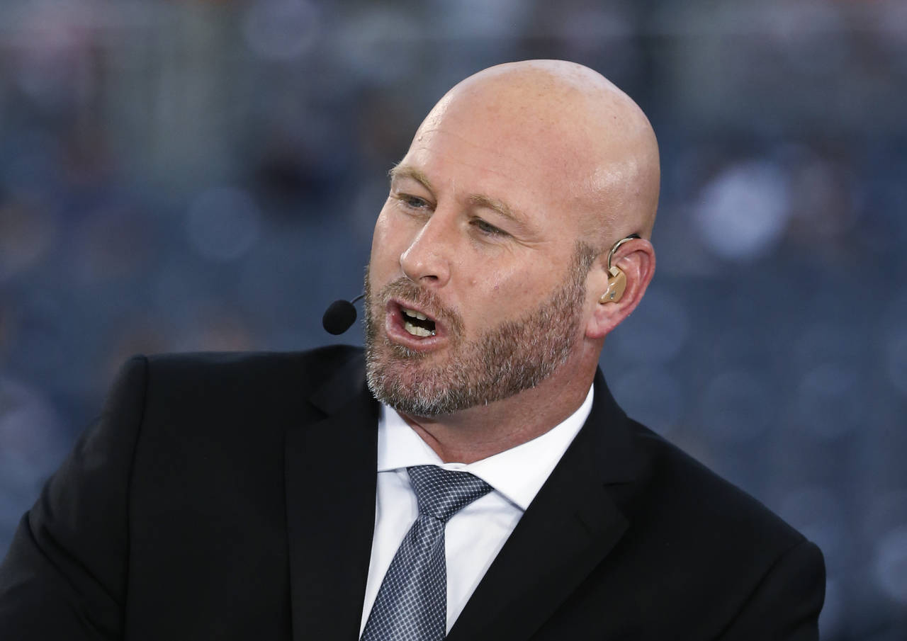FILE - Trent Dilfer talks during ESPN's Monday Night Countdown before an NFL football game between ...