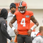
              Cleveland Browns quarterback Deshaun Watson (4) stands on the field during an NFL football practice at the team's training facility Wednesday, Nov. 30, 2022, in Berea, Ohio. (AP Photo/David Richard)
            
