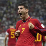 
              Spain's Alvaro Morata celebrates after scoring the opening goal during the World Cup group E soccer match between Spain and Germany, at the Al Bayt Stadium in Al Khor , Qatar, Sunday, Nov. 27, 2022. (AP Photo/Matthias Schrader)
            