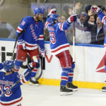 
              New York Rangers left wing Chris Kreider, right celebrates after scoring against the Philadelphia Flyers during overtime of an NHL hockey game, Tuesday, Nov. 1, 2022, at Madison Square Garden in New York. The Rangers won 1-0. (AP Photo/Mary Altaffer)
            
