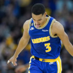 
              Golden State Warriors guard Jordan Poole reacts after scoring against the San Antonio Spurs during the first half of an NBA basketball game in San Francisco, Monday, Nov. 14, 2022. (AP Photo/Godofredo A. Vásquez)
            