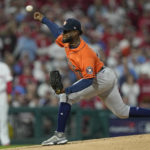 
              Houston Astros starting pitcher Cristian Javier throws during the first inning in Game 4 of baseball's World Series between the Houston Astros and the Philadelphia Phillies on Wednesday, Nov. 2, 2022, in Philadelphia. (AP Photo/David J. Phillip)
            
