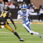 
              Kentucky wide receiver Barion Brown, right, runs past Missouri defensive back Kris Abrams-Draine, left, during the first quarter of an NCAA college football game Saturday, Nov. 5, 2022, in Columbia, Mo. (AP Photo/L.G. Patterson)
            