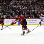 
              New Jersey Devils defenseman Damon Severson shoots and scores a goal against the Edmonton Oilers during the second period of an NHL hockey game Monday, Nov. 21, 2022, in Newark, N.J. (AP Photo/Adam Hunger)
            