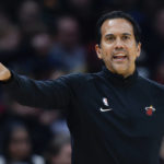 
              Miami Heat head coach Erik Spoelstra directs his team against the Cleveland Cavaliers during the second half of an NBA basketball game, Sunday, Nov. 20, 2022, in Cleveland. (AP Photo/Ron Schwane)
            