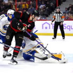
              Ottawa Senators left wing Brady Tkachuk (7) watches as his shot on Buffalo Sabres goaltender Eric Comrie (31) crosses the goal line and into the net during the second period of an NHL hockey game, Wednesday, Nov. 16, 2022 in Ottawa, Ontario. (Justin Tang/The Canadian Press via PA)
            