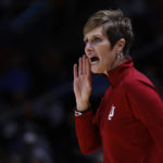 
              Indiana head coach Teri Moren yells to her players during the first half of an NCAA college basketball game against Tennessee, Monday, Nov. 14, 2022, in Knoxville, Tenn. (AP Photo/Wade Payne)
            
