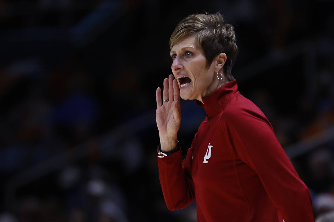 Indiana head coach Teri Moren yells to her players during the first half of an NCAA college basketb...