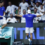 
              Italy's Fabio Fognini, left, celebrates after defeating, together with Simone Bolelli, after defeating Tommy Paul and Jack Sock of the USA in a Davis Cup quarter-final tennis match between Italy and USA in Malaga, Spain, Thursday, Nov. 24, 2022. (AP Photo/Joan Monfort)
            